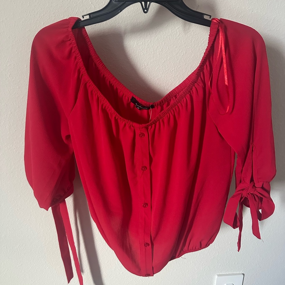 Red Women's Top with Bow Sleeves